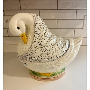 Vintage Ceramic Goose Duck Country Cookie Jar with Blue and White Blanket